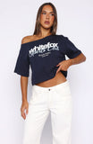 Ive Got That Feeling Boxy Off Shoulder Tee Navy
