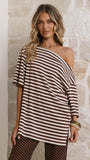Pia One Shoulder Oversize Tee Choc White Stripe