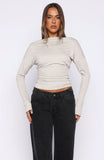 Another Time Cinched Waist Long Sleeve Top Light Grey Marle