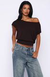 Cant Change My Mind Off Shoulder Cinched Top Chocolate