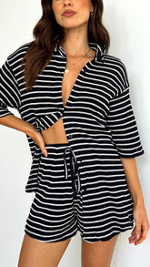 Lacole Button Up Shirt and Shorts Set Black White Stripe