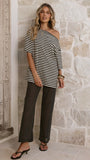 Pia One Shoulder Oversize Tee Black White Stripe