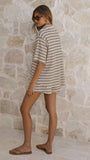 Tali Button Up Shirt and Shorts Set Beige Green Stripe