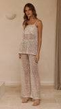 Zarina Sequin Long Line Top and Pants Set Beige