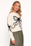 Isiora Bow Embroidered Knit Sweater Cream