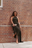 Melody Plisse Halter Maxi Dress Black Gold Polka Dot