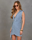 Prep School Blues Striped Wrap Tie Mini Shirt Dress