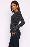 Another Time Cinched Waist Long Sleeve Top Black Stripe