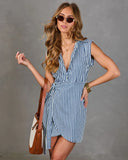 Prep School Blues Striped Wrap Tie Mini Shirt Dress