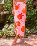 Checked Romance Floral Gingham Print Midi Skirt