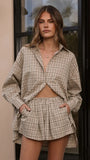 Arli Button Up Shirt Beige Brown Plaid