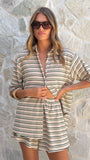 Tali Button Up Shirt and Shorts Set Beige Green Stripe