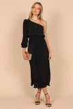 Pontee One Shoulder Pleated Midi Dress Black