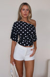 Marrakech Moments Cinched Waist Top Black White Polka Dot