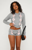 Candy Grid Argyle Knit Top Grey Pink