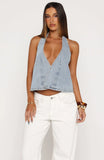 Can We Pretend Denim Halter Top Mid Blue