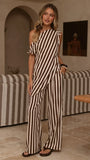 Liana Off Shoulder Top Pants Set Brown Stripe