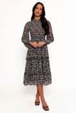 Edwina Shirred Frill Long Sleeve Midi Dress Black Floral