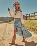 Prairie Rebel Frayed High Low Denim Maxi Skirt