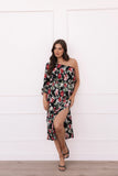 Pontee One Shoulder Pleated Midi Dress Black Rose Print