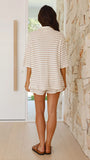 Lacole Button Up Shirt and Shorts Set White Beige Stripe