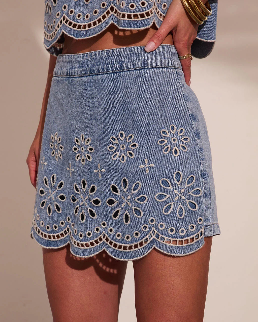 Kimberlin Denim Floral Eyelet Mini Skort