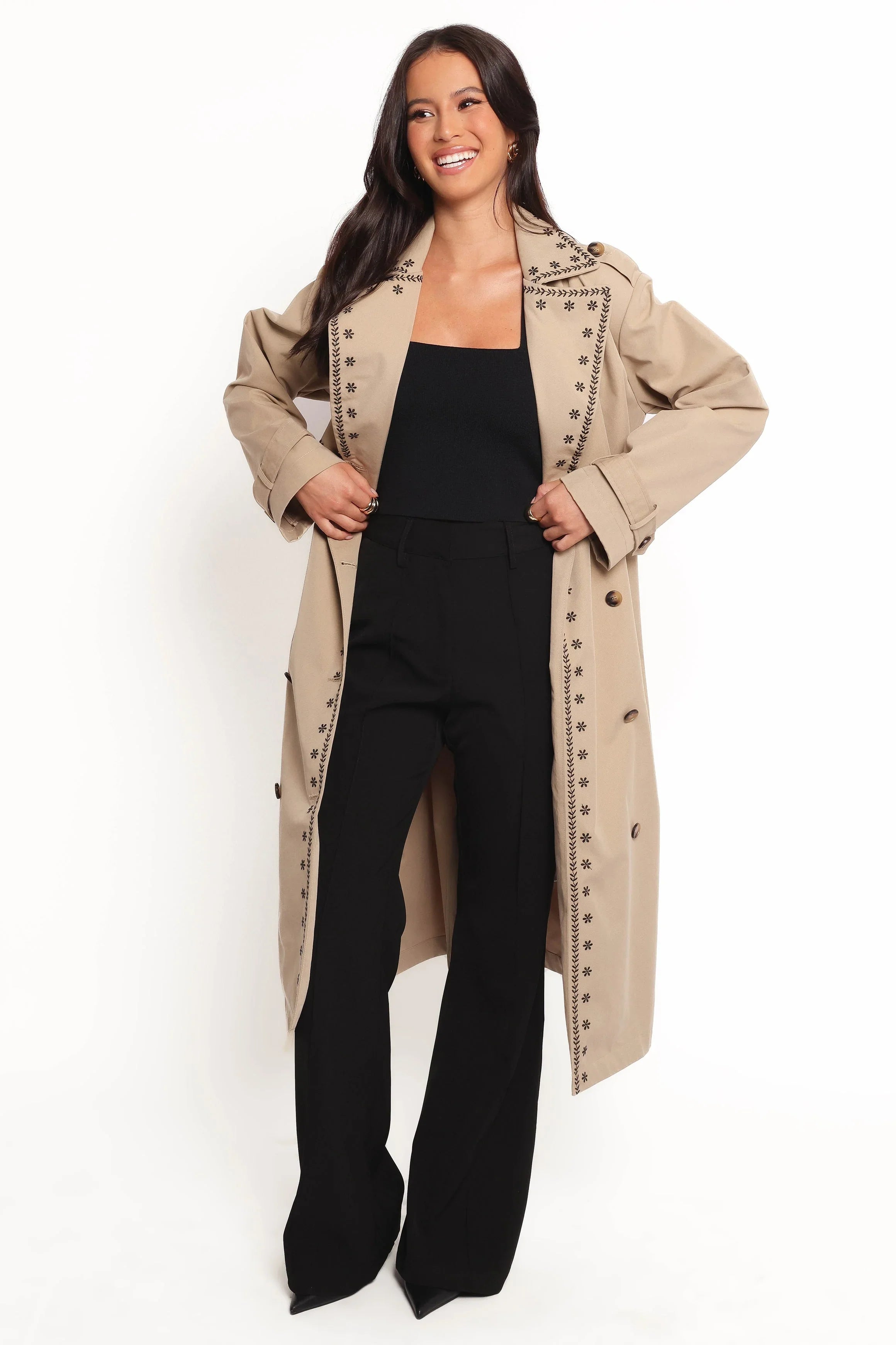 Grayson Embroidered Trim Trench Coat Taupe