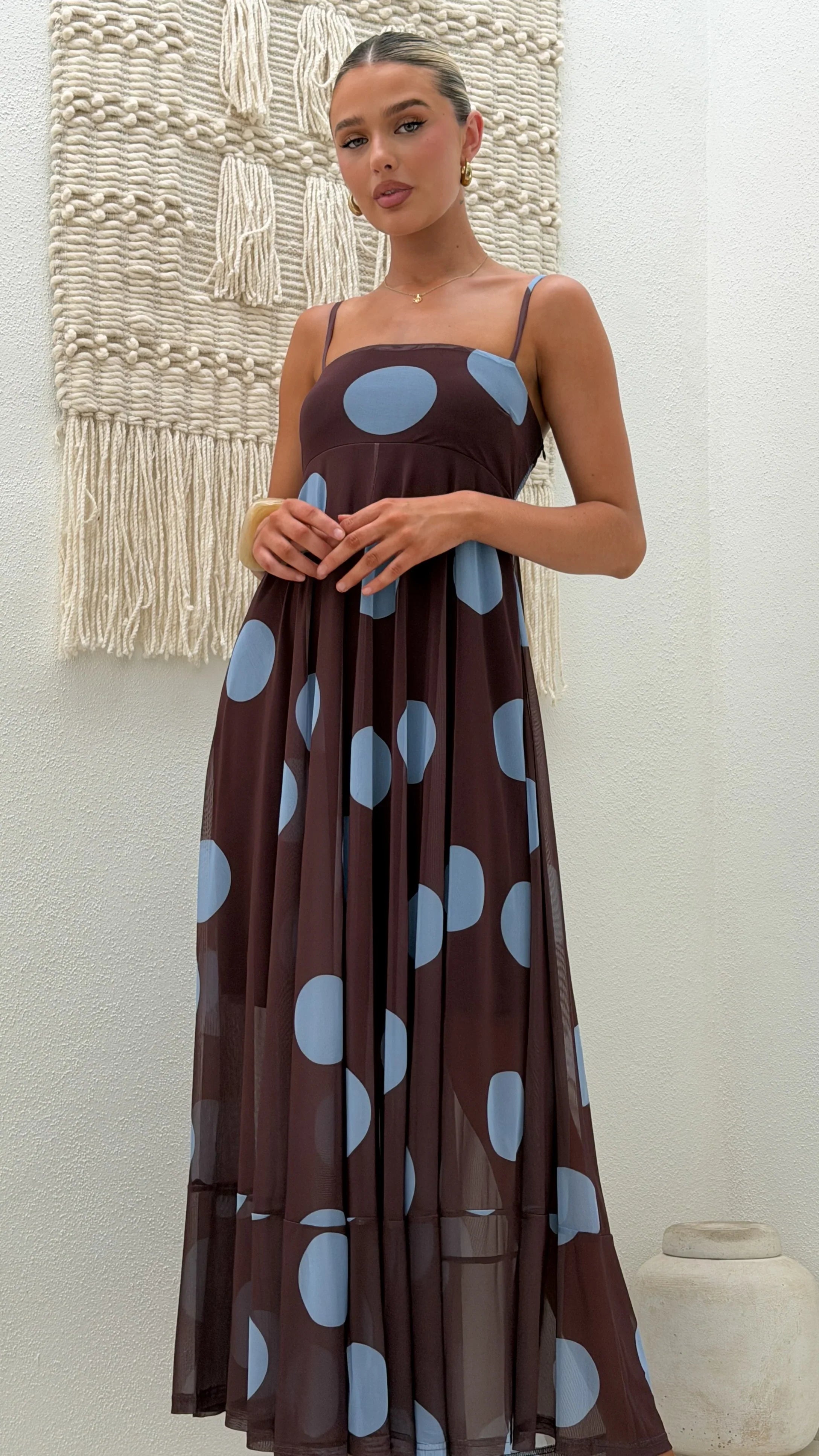 Melinda Mesh Maxi Dress Brown Blue Polka Dot