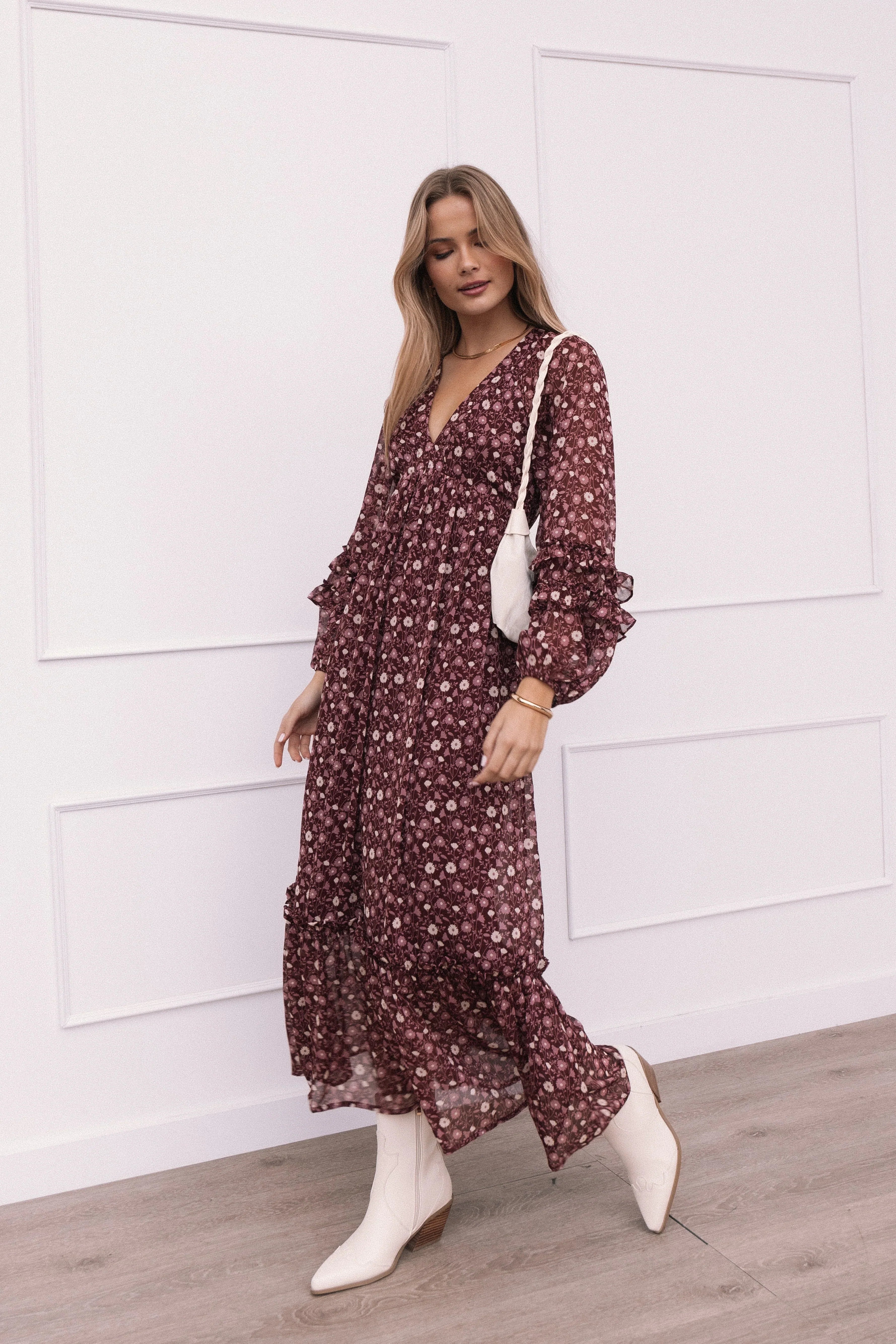 Evian Long Sleeve Maxi Dress Burgundy Multi