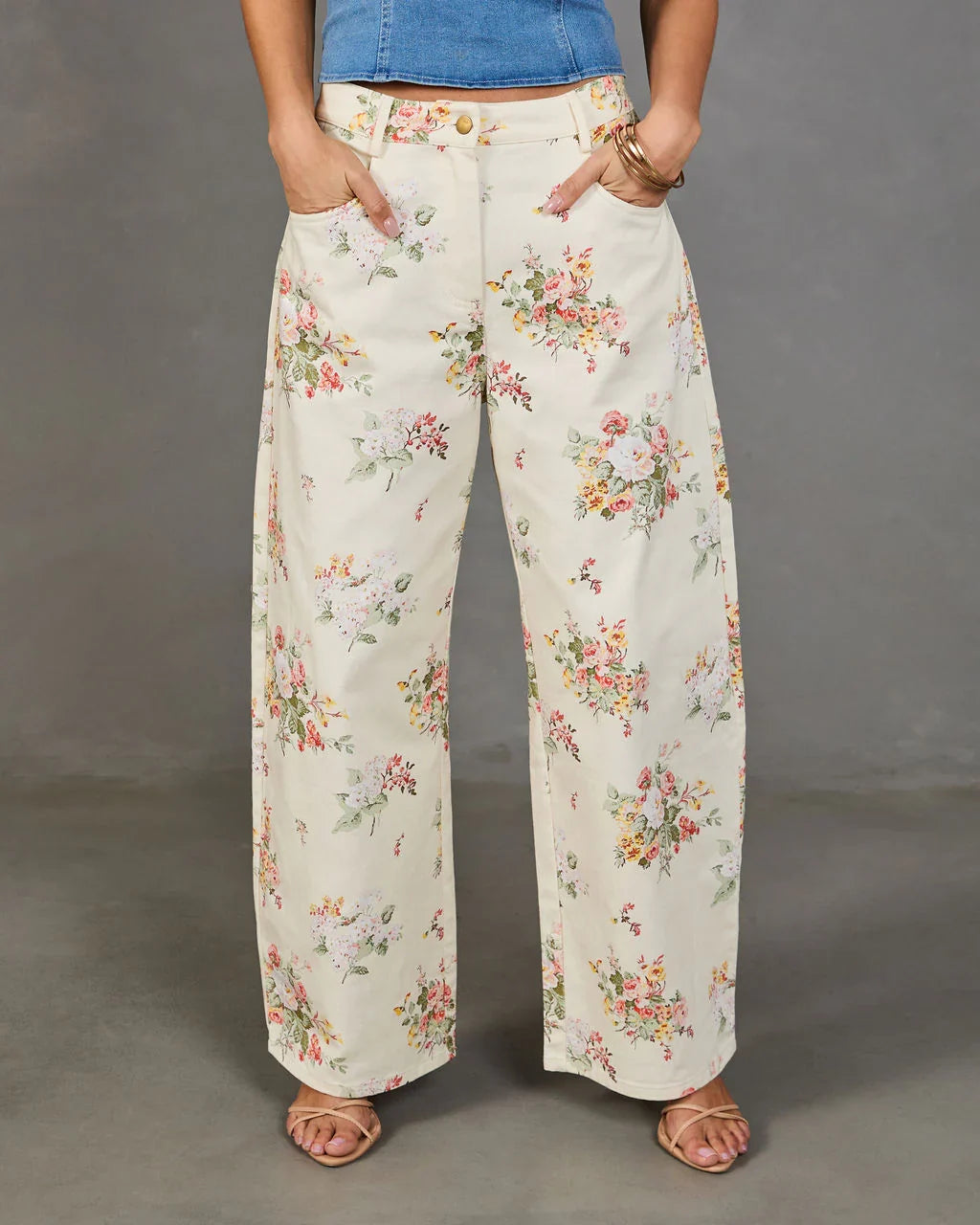 Sunlit Petals Rigid Mid Rise Wide Leg Floral Jeans