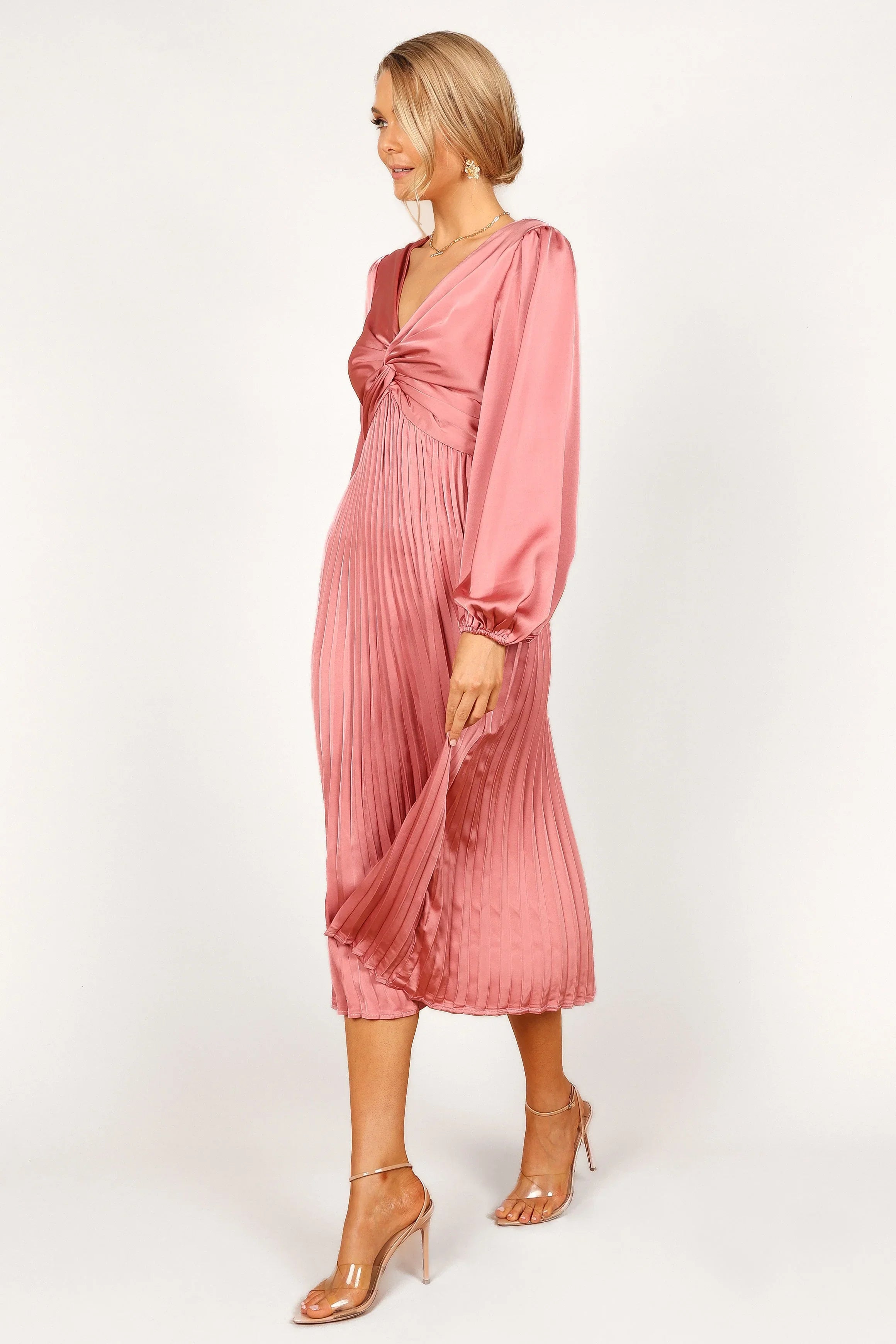 Noelle Twist Front Pleated Midi Dress Blush