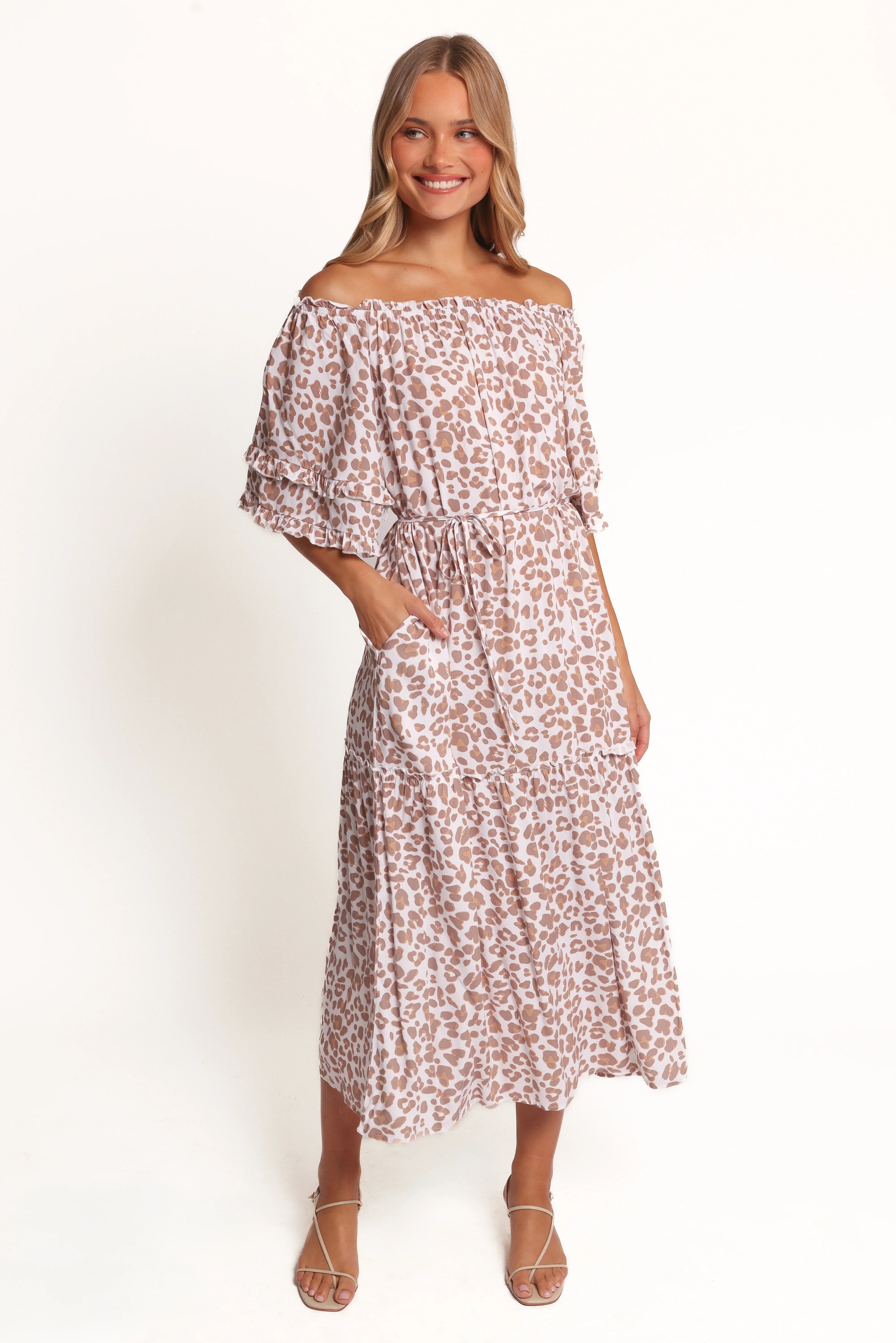 Rhody Off Shoulder Maxi Dress White Leopard