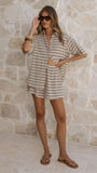 Tali Button Up Shirt and Shorts Set Beige Green Stripe