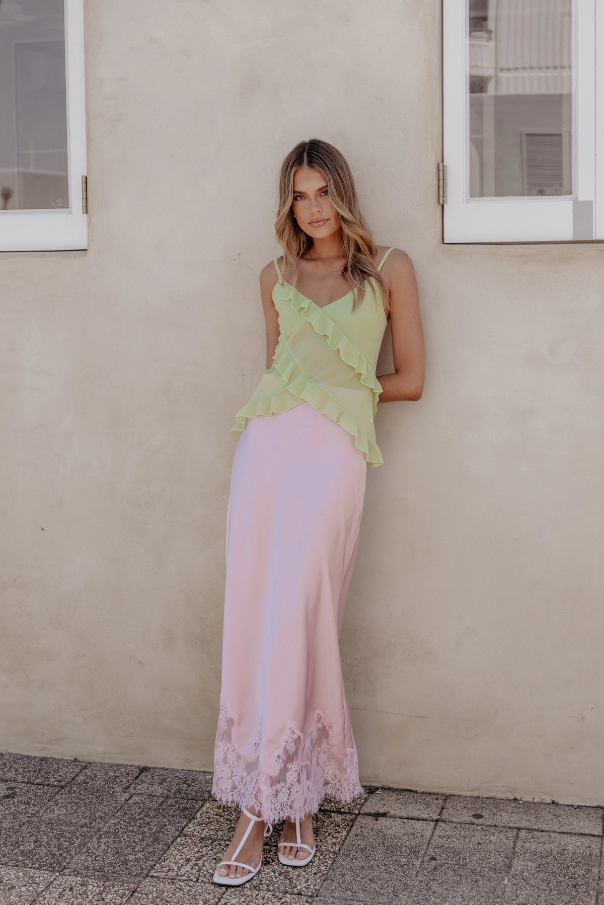 Alira Lace Trim Midi Skirt Pale Pink