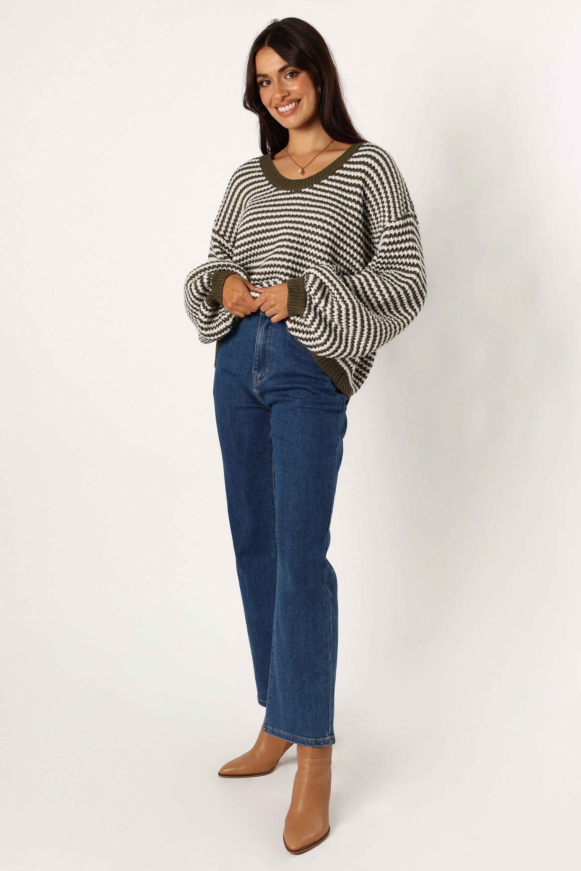Becca Crewneck Waffle Stitch Stripe Knit Sweater Olive