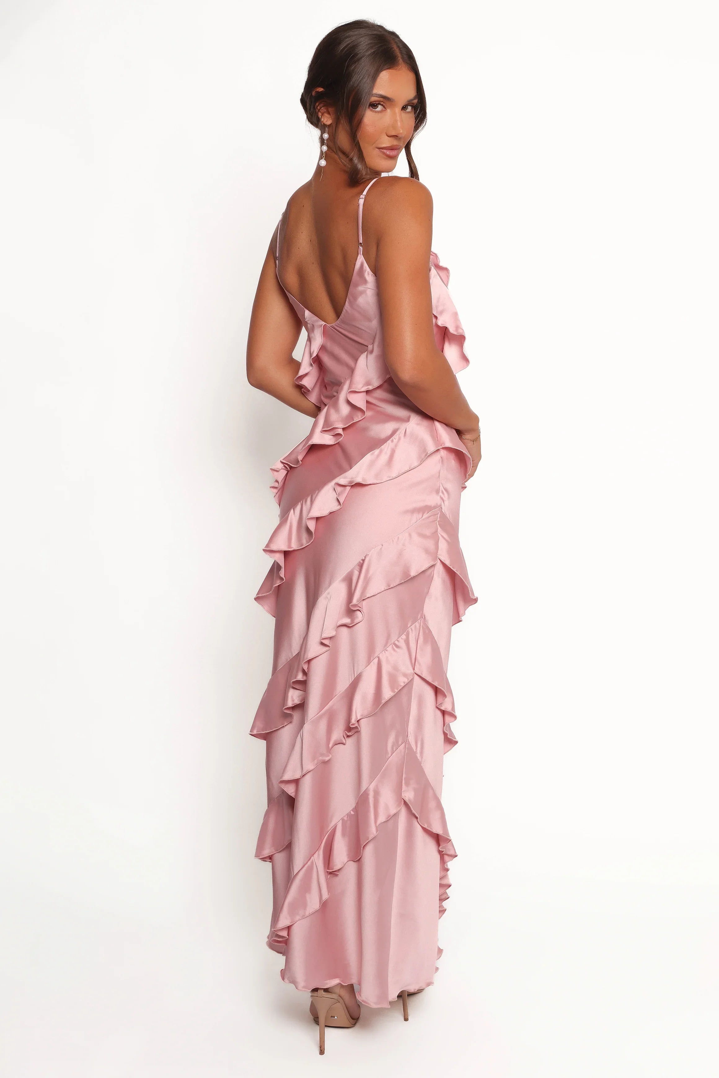 Ciao Ruffles Maxi Satin Dress Pink