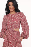 Ginnee Puff Sleeve Cutout Midi Dress Brown Geo
