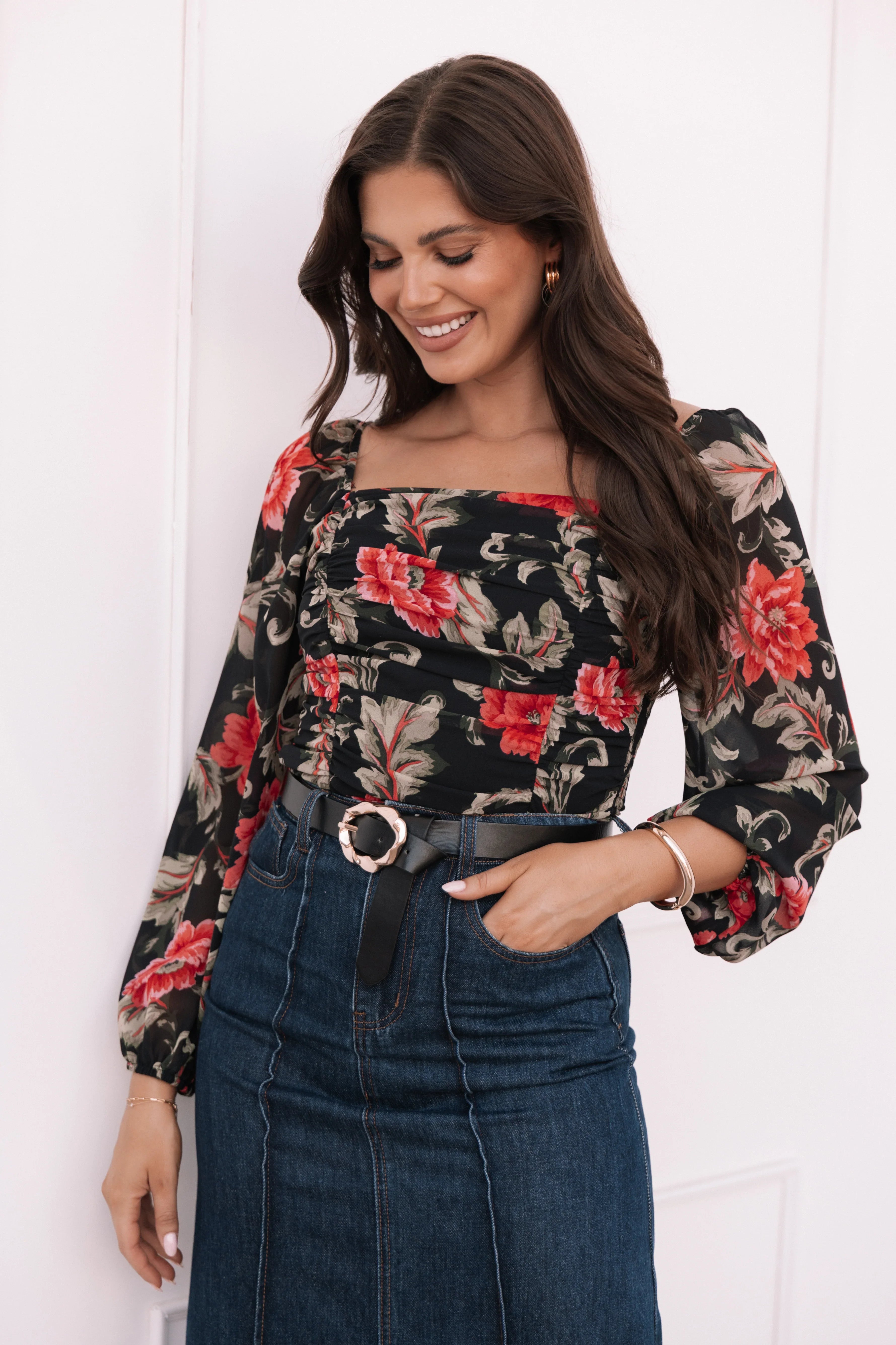 Maia Long Sleeve Top Black Floral