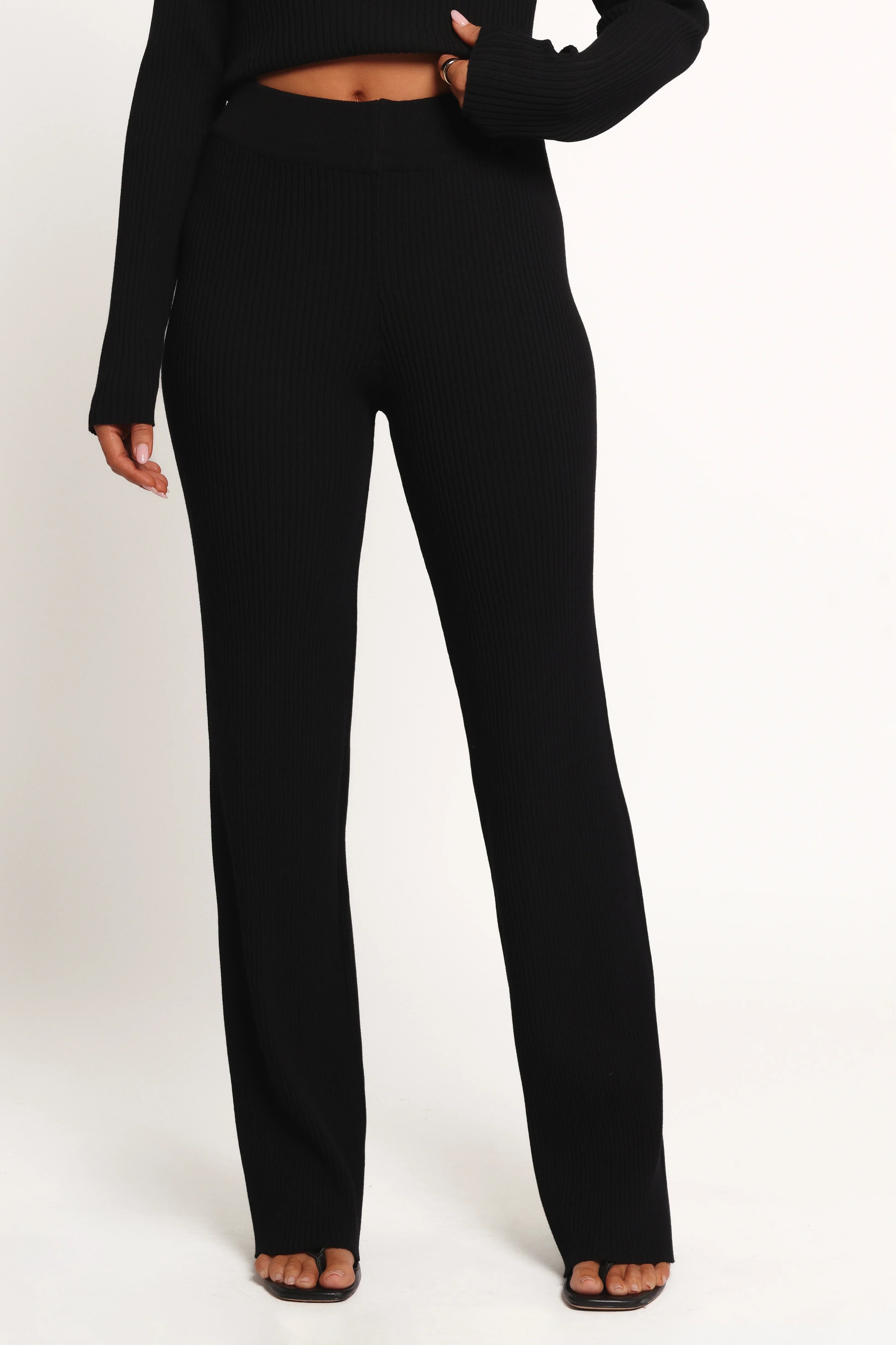 Gindie Ribbed Knit Off The Shoulder Pant Set Black