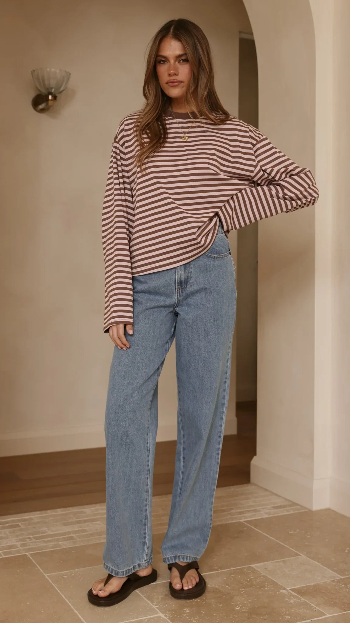 Solana Long Sleeve Top Pink Choc Stripe