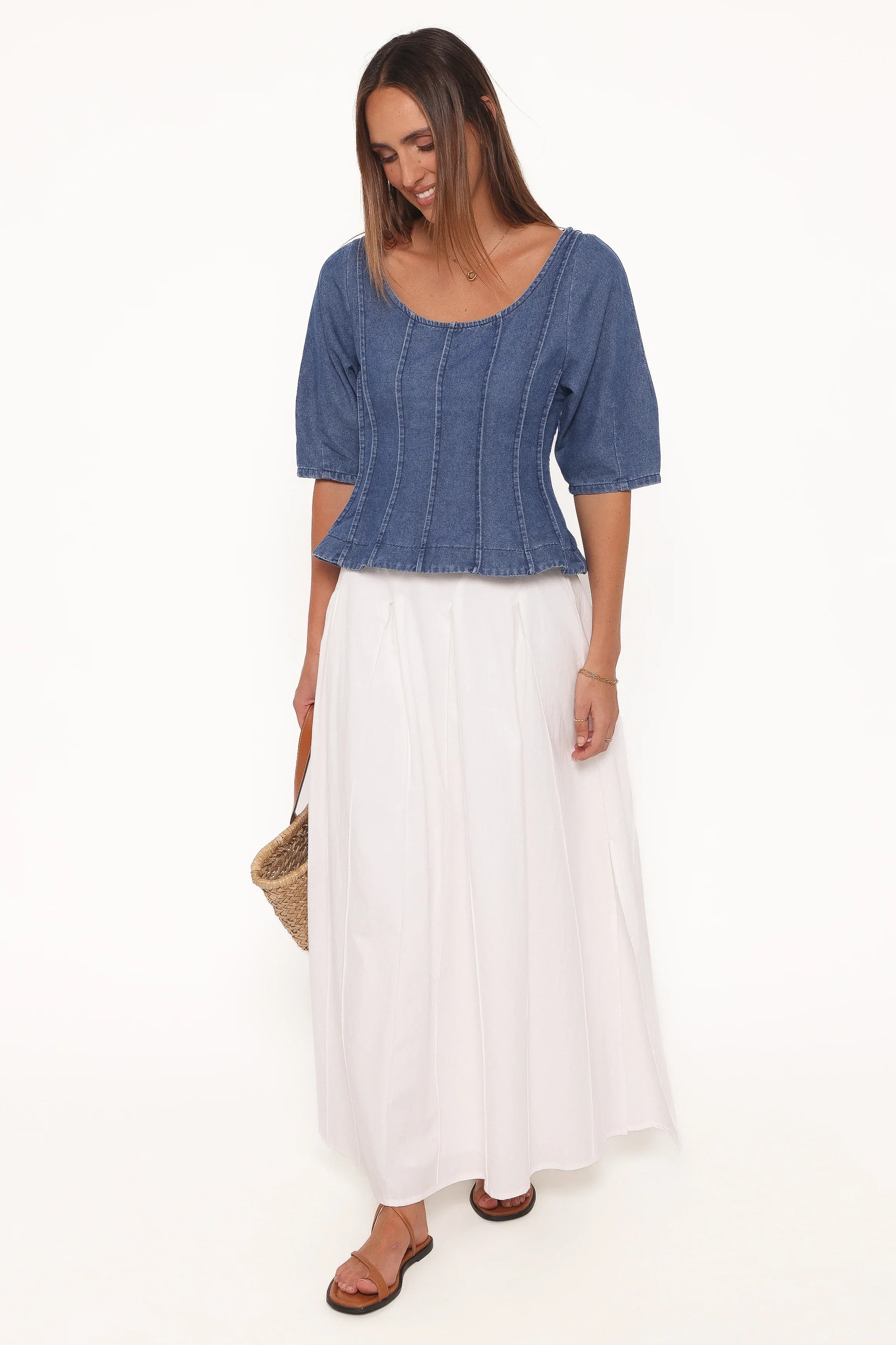 Saylor Denim Peplum Top Blue Medium Wash