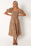 Soliel Puff Sleeve Midi Dress Tan Black