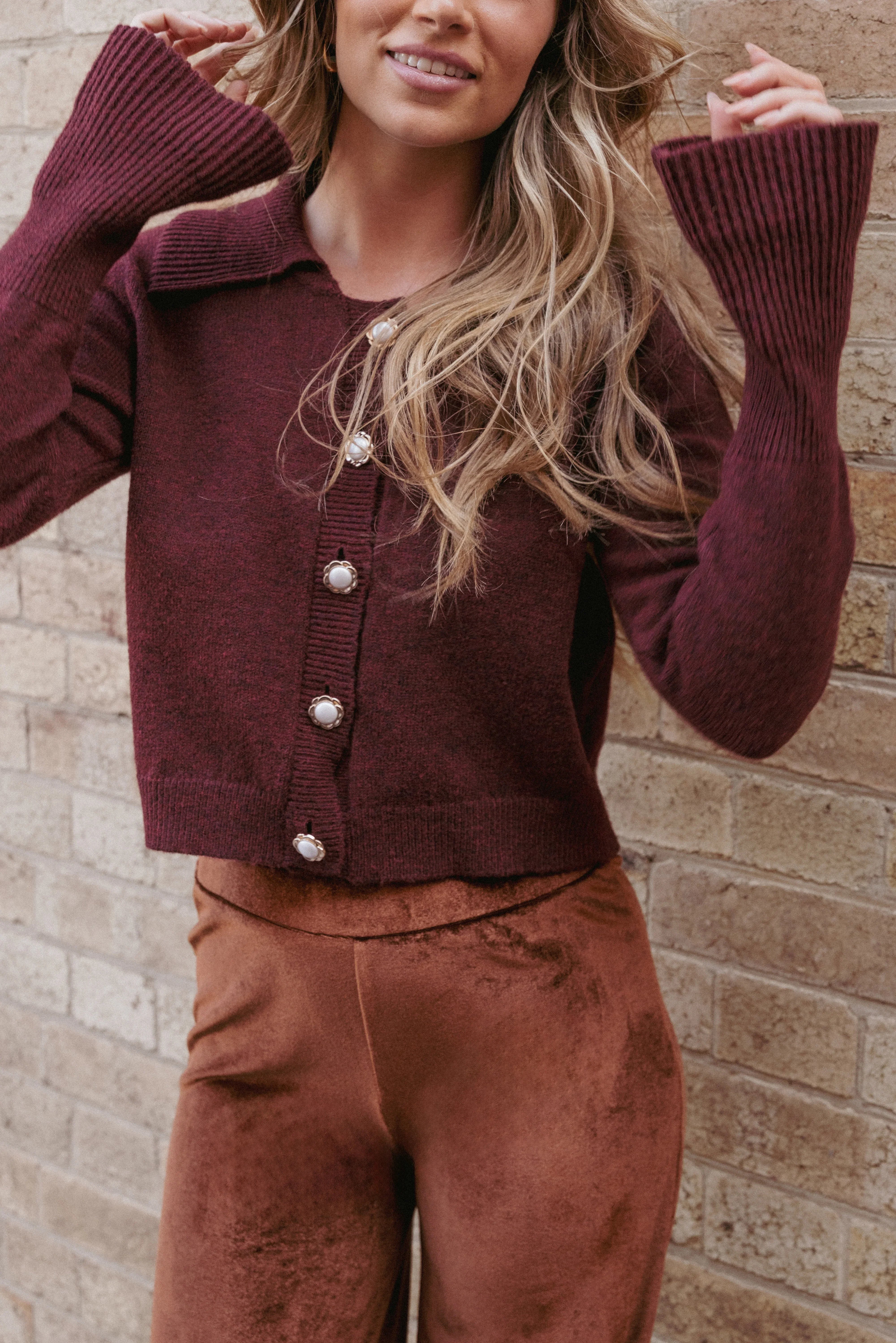 Thelma Trumpet Sleeve Cardigan Cabernet