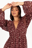 Evian Long Sleeve Maxi Dress Burgundy Multi