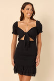 Rosie Shirred Tie Front Mini Dress Black