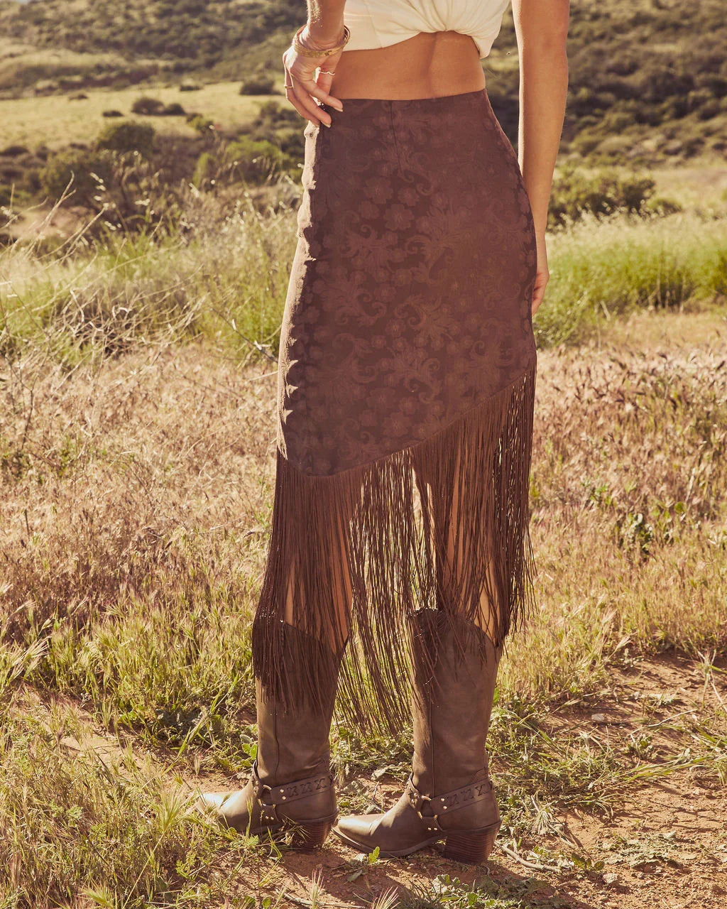 Rustic Outlaw Fringe Satin Jacquard Midi Skirt