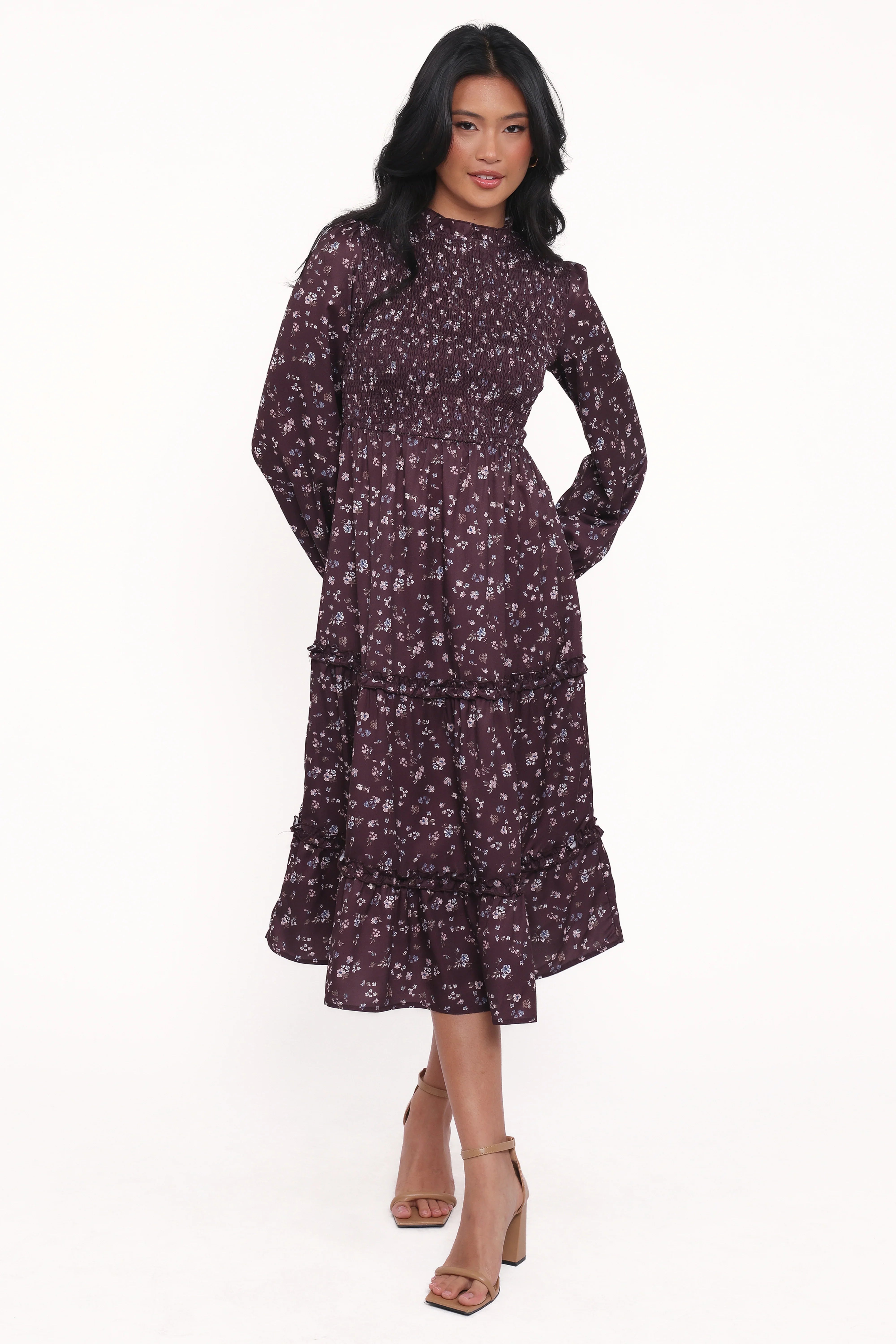 Edwina Shirred Frill Long Sleeve Midi Dress Plum Floral
