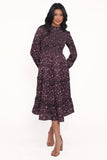 Edwina Shirred Frill Long Sleeve Midi Dress Plum Floral