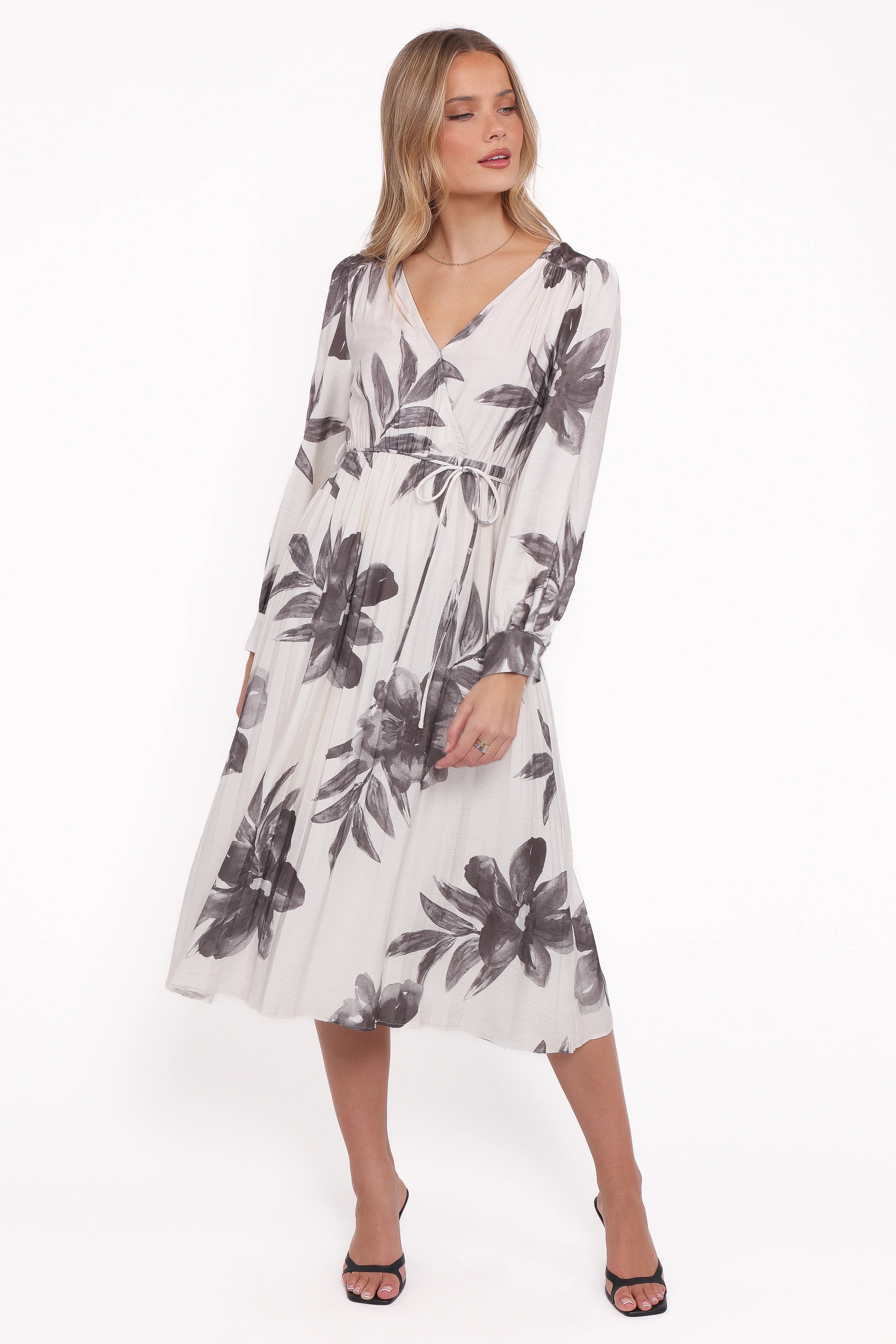 Grainne Long Sleeve Midi Dress Black White Floral