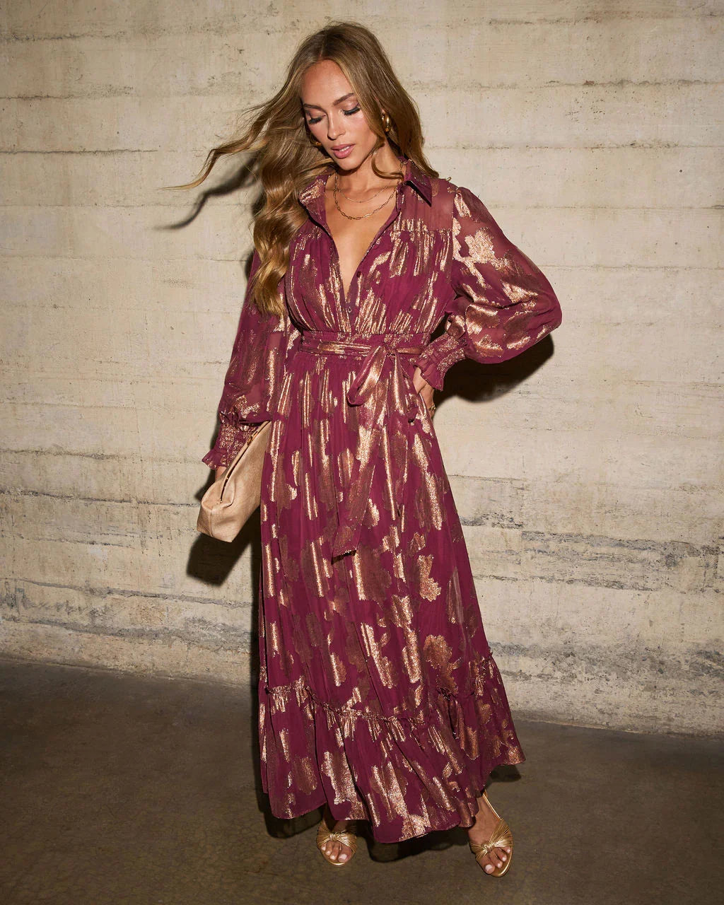 Vionette Printed Wrap Tie Maxi Dress